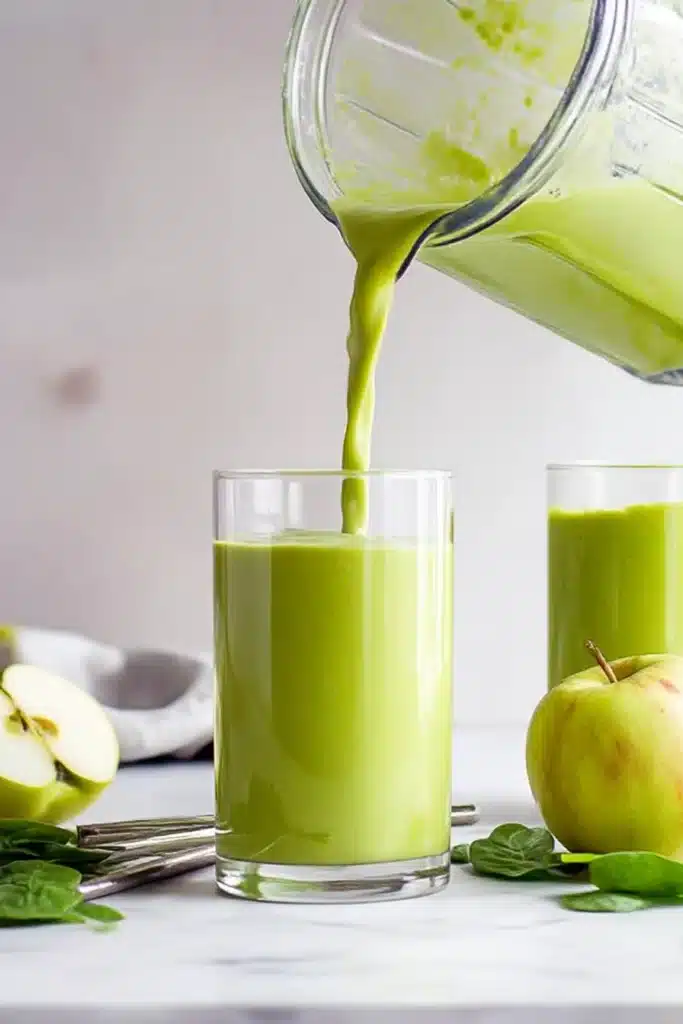 Pouring spinach green apple smoothie into tall clear glass identical to featured image, with fresh apples and spinach leaves nearby