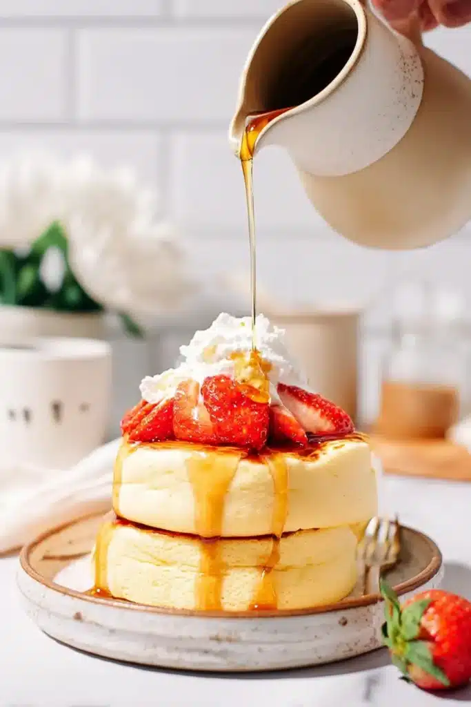Fluffy Japanese Soufflé Pancakes – Soft & Jiggly Delight 11 Maple syrup being poured over fluffy Japanese soufflé pancakes with strawberries
