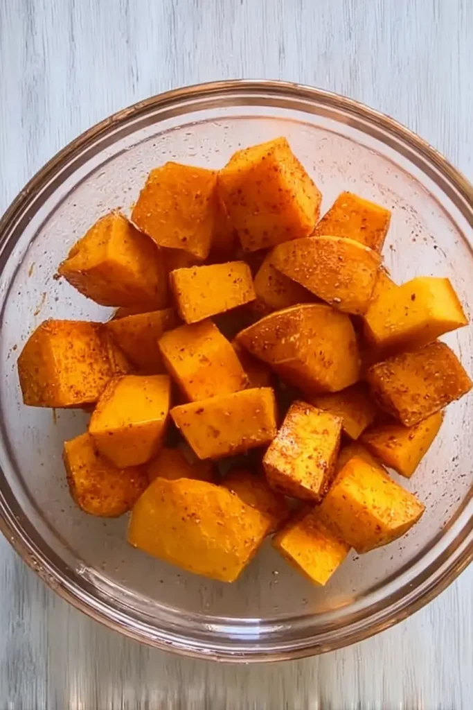 Air Fryer Pumpkin | Quick, Healthy & Delicious Side 8 Seasoned air fryer pumpkin chunks in a glass bowl