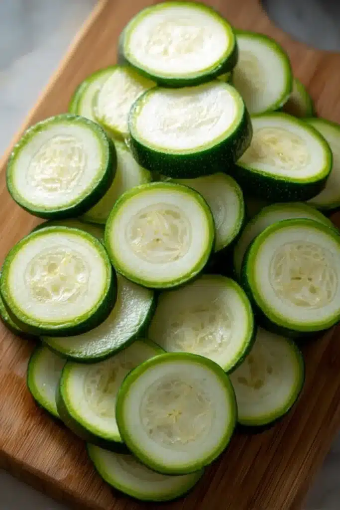 Freshly sliced zucchini rounds on a wooden cutting board for baking