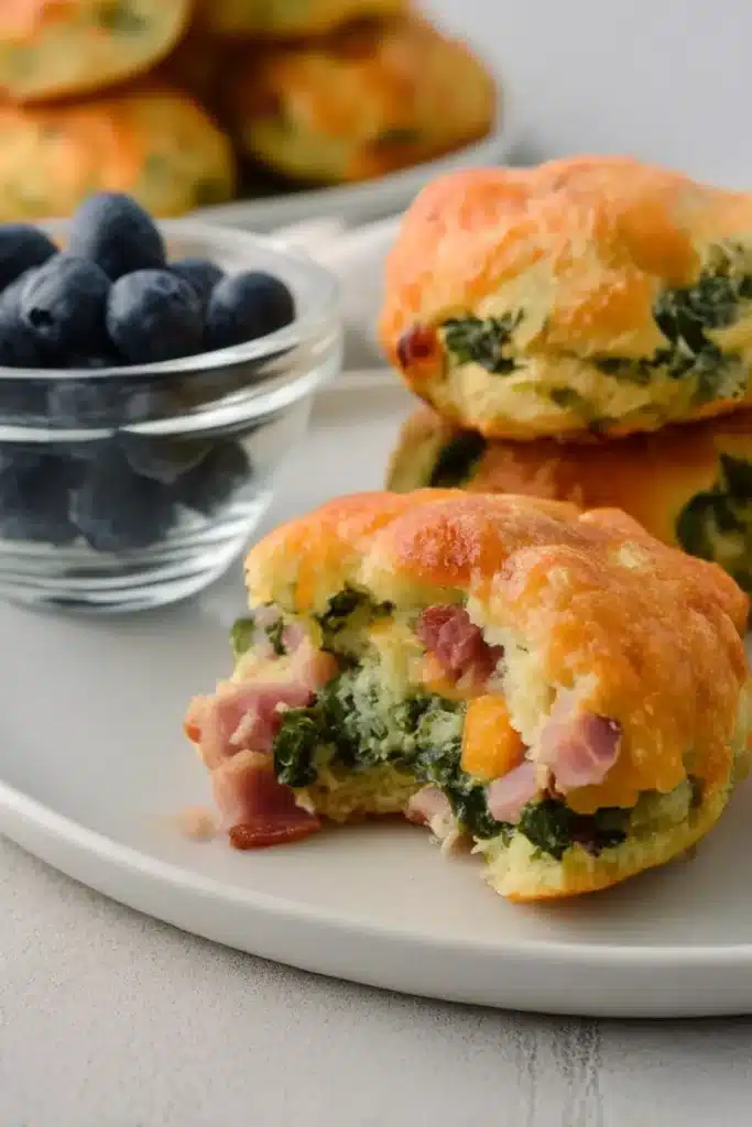 Breakfast Protein Biscuits | Easy, Hearty & Delicious 9 Split breakfast protein biscuit with ham, spinach, and cheddar served with fresh blueberries