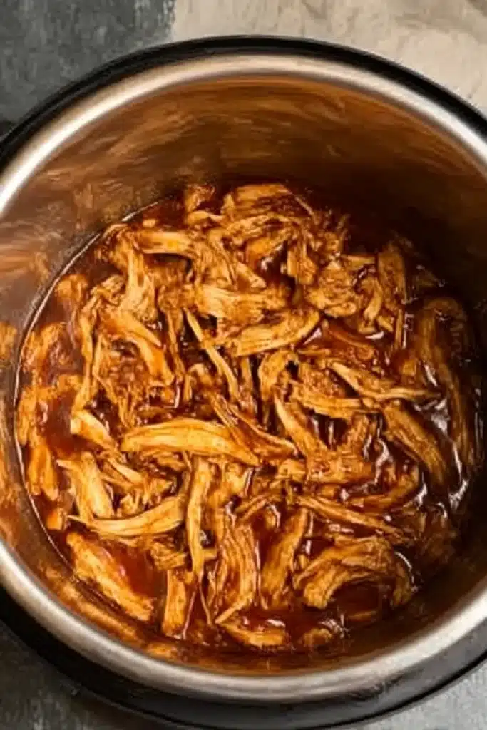 Pulled BBQ chicken simmering in sauce after pressure cooking