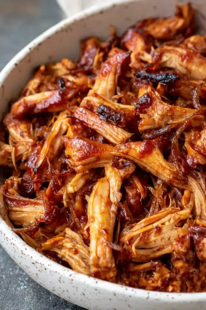 Juicy pulled Instant Pot BBQ chicken with crispy charred edges in a ceramic bowl