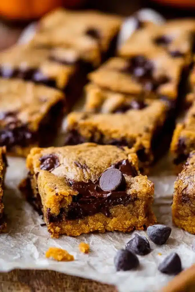 Pumpkin Bars with Chocolate Chips | Easy Fudgy Treat 8 Pumpkin Bars with Chocolate Chips arranged on parchment, gooey centers showing