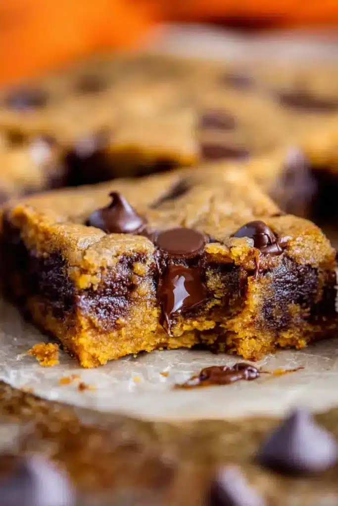 Pumpkin Bars with Chocolate Chips | Easy Fudgy Treat 9 Pumpkin Bars with Chocolate Chips bitten into showing gooey texture