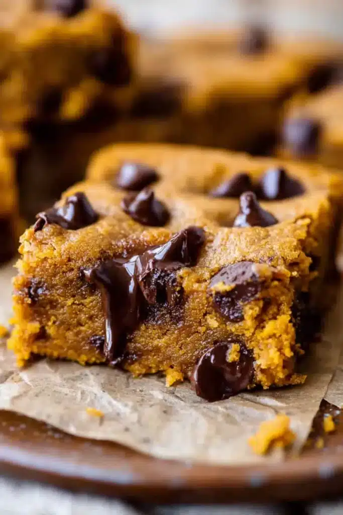 Pumpkin Bars with Chocolate Chips showing gooey center and melty chocolate chips