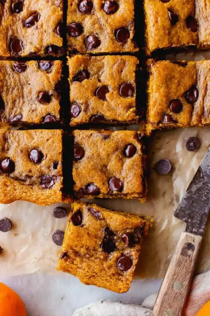 Sliced Pumpkin Bars with Chocolate Chips on parchment paper