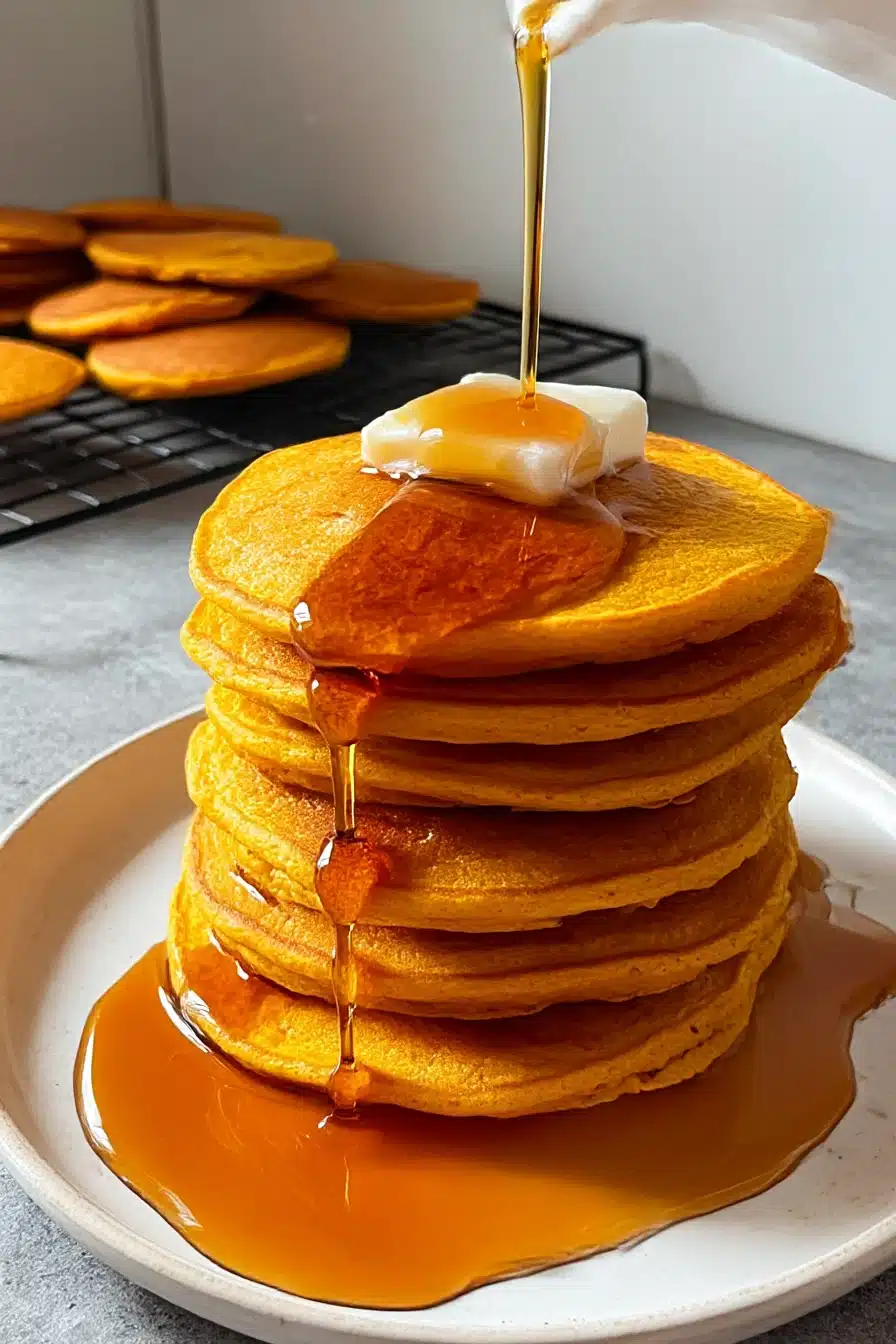 Stack of golden pumpkin cottage cheese pancakes with butter and maple syrup