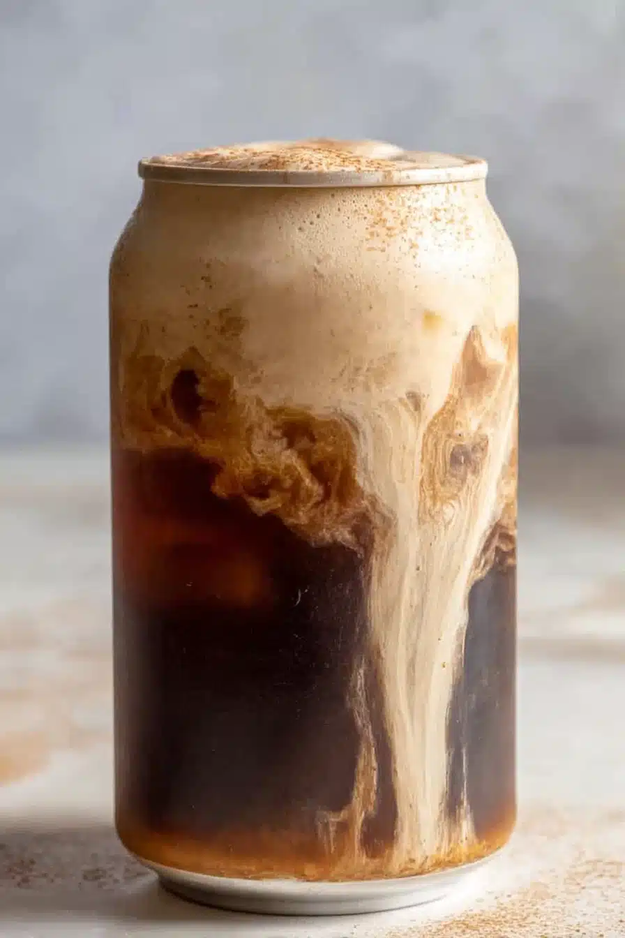 Pumpkin cream cold brew coffee in clear glass with creamy swirl