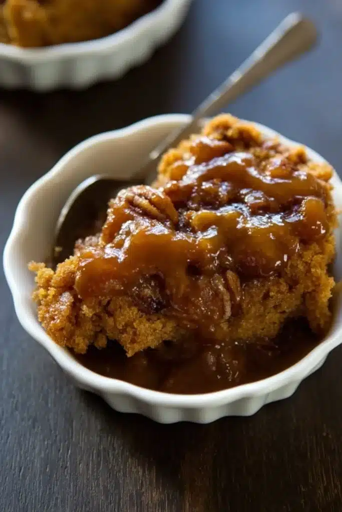 Plated pumpkin pecan cobbler in a white ramekin with caramel sauce