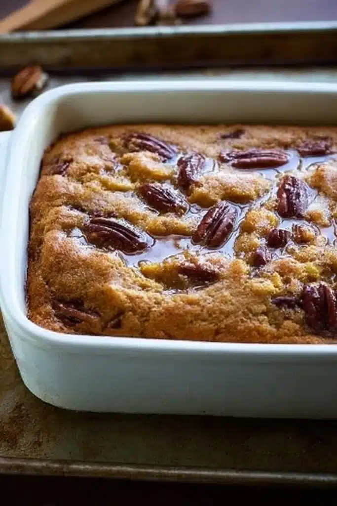 Pumpkin Pecan Cobbler – Easy & Cozy Fall Dessert 9 Pumpkin pecan cobbler freshly baked in a white ceramic casserole dish