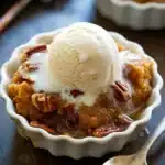 Pumpkin Pecan Cobbler – Easy & Cozy Fall Dessert 12 Warm pumpkin pecan cobbler with vanilla ice cream in a white ramekin