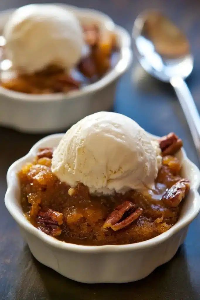 Pumpkin Pecan Cobbler – Easy & Cozy Fall Dessert 13 Pumpkin pecan cobbler topped with vanilla ice cream in white ramekin