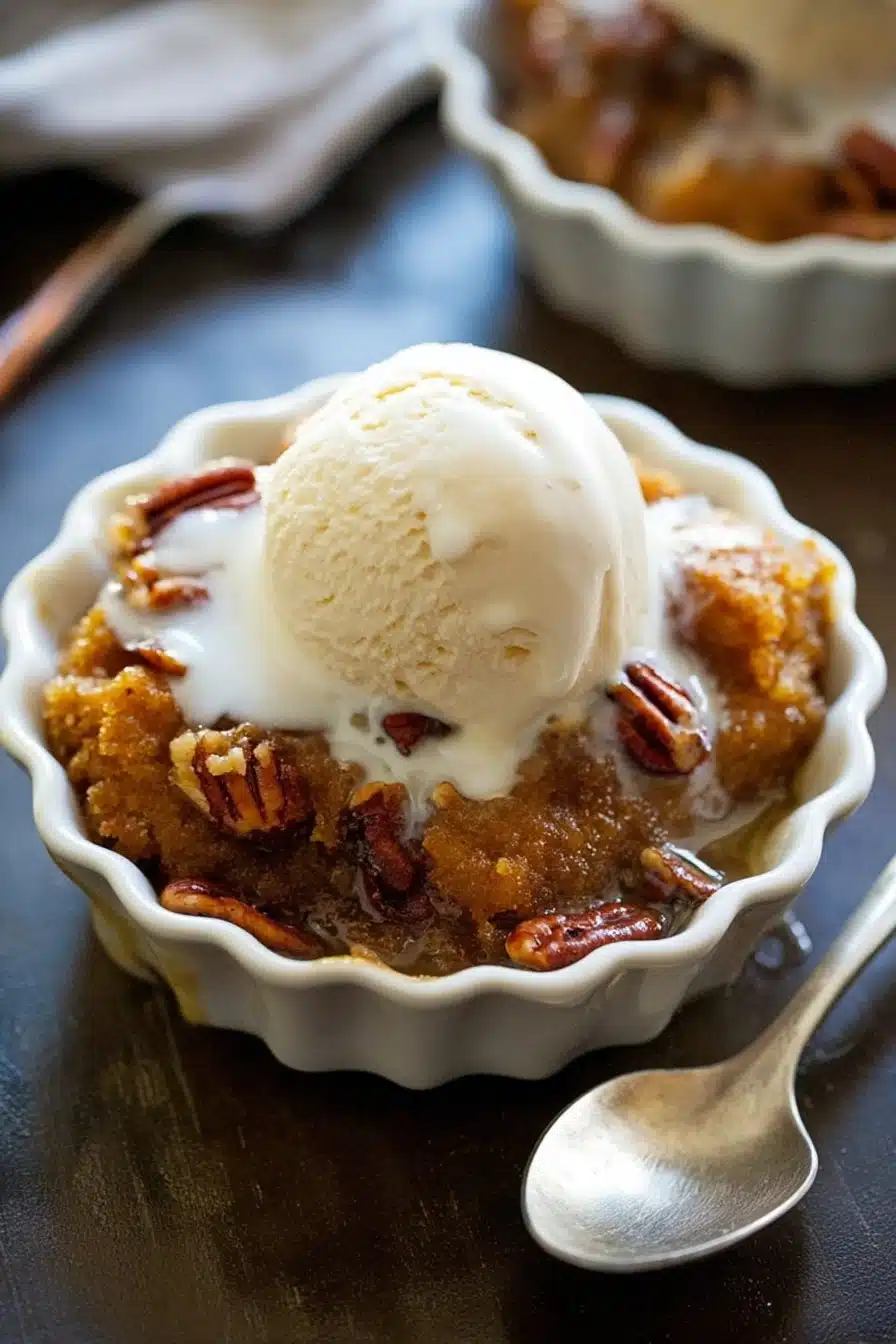 Warm pumpkin pecan cobbler with vanilla ice cream in a white ramekin