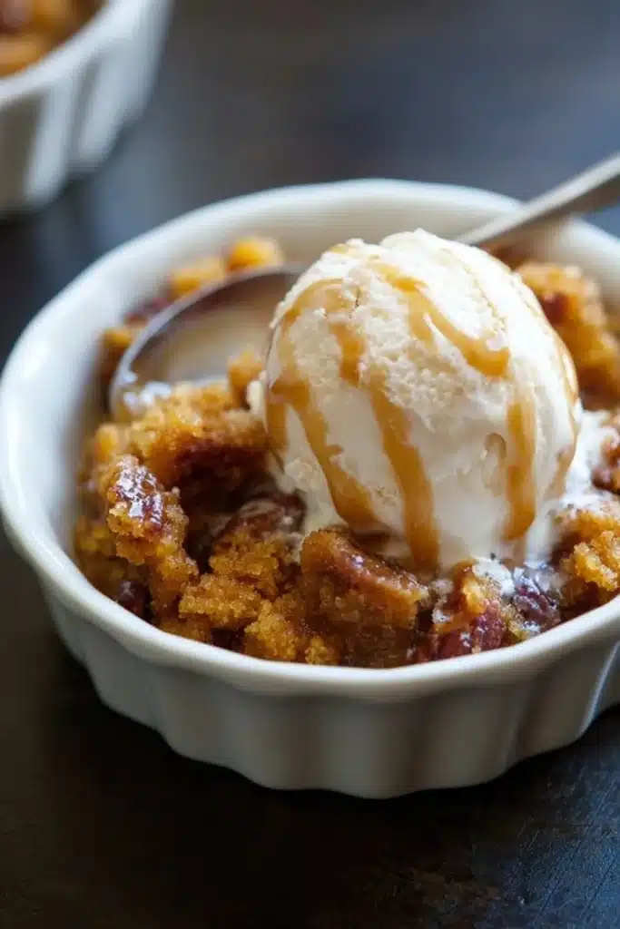 Pumpkin Pecan Cobbler – Easy & Cozy Fall Dessert 11 Pumpkin pecan cobbler with melting vanilla ice cream in a ramekin