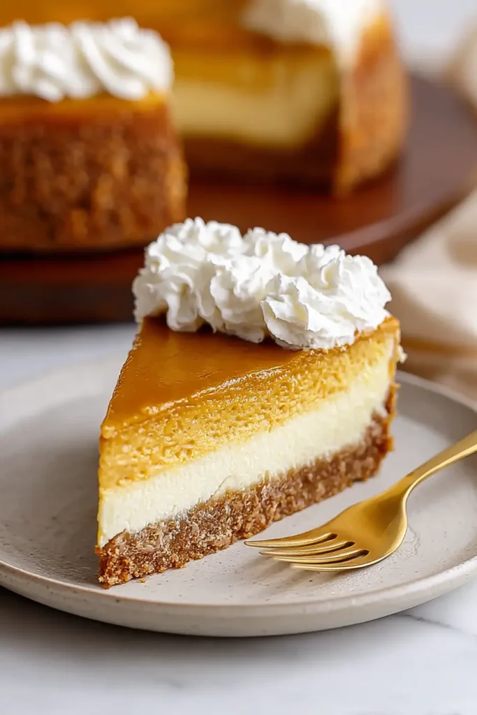 Slice of tasty pumpkin pie cheesecake with whipped cream on white plate