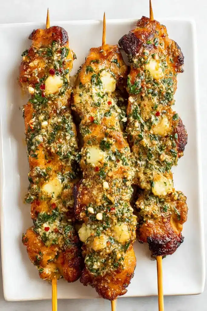 Ranch Garlic Parmesan Chicken Skewers with crispy edges and garlic herb butter glaze on a white plate