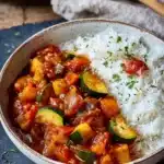 Easy ratatouille recipe in white bowl with rice and fresh herbs on rustic table