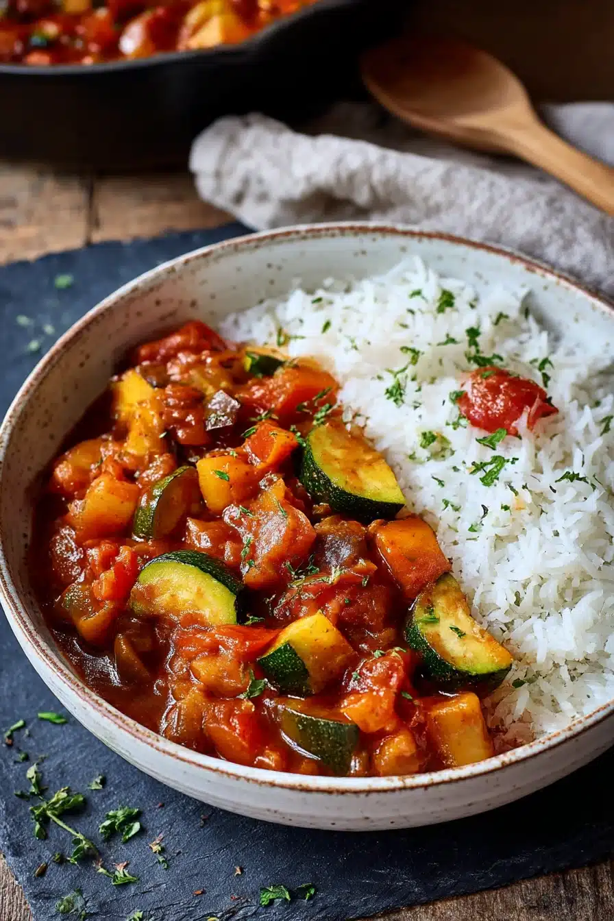 Easy ratatouille recipe in white bowl with rice and fresh herbs on rustic table