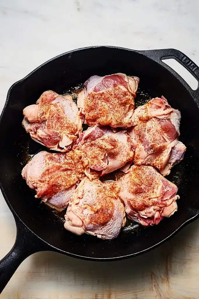 Easy Skillet Chicken Thighs arranged raw in cast iron pan before searing