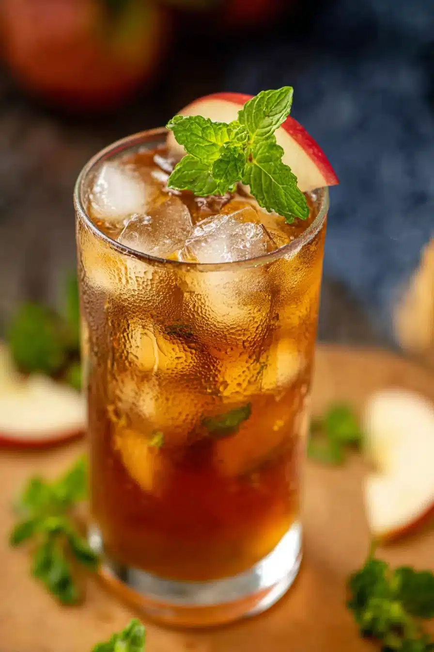 Tall glass of refreshing apple iced tea with mint and apple garnish