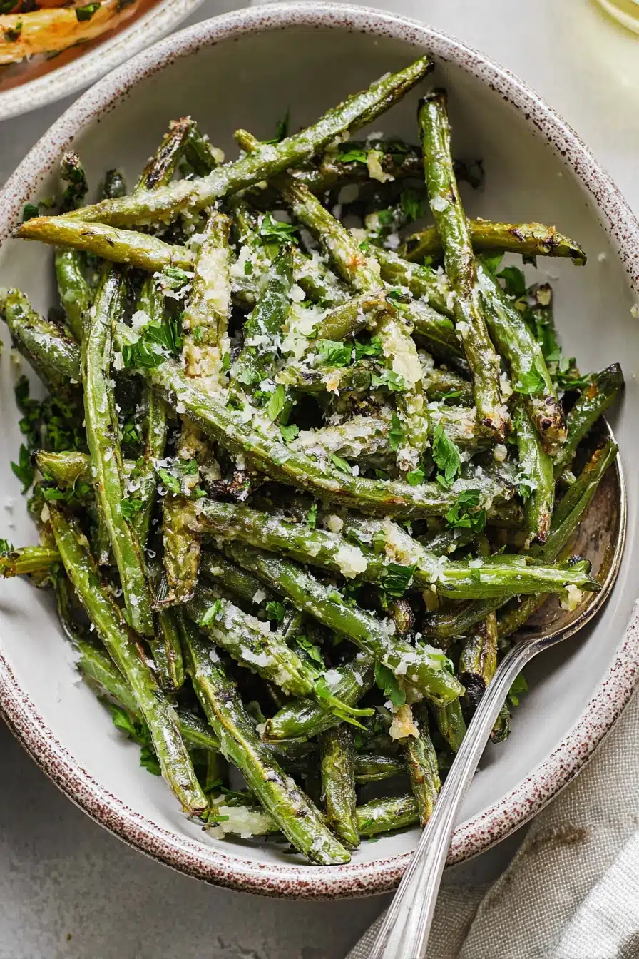 Roasted Green Beans With Garlic and Parmesan served in a rustic bowl