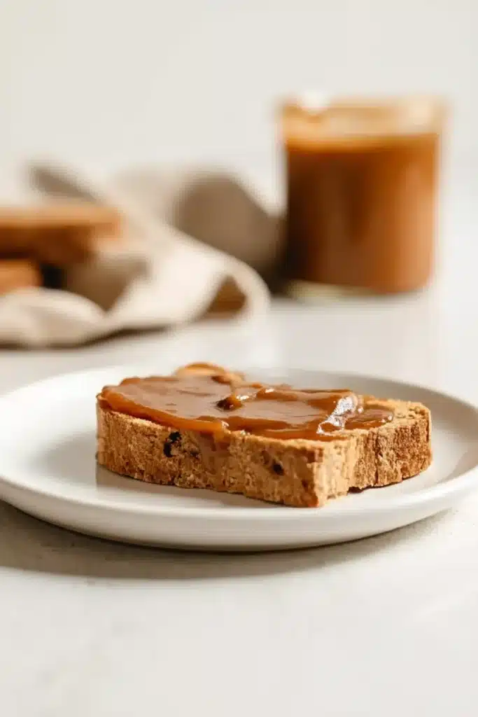Slow Cooker Apple Butter – Easy & Delicious Recipe 19 Rustic bread slice topped with creamy apple butter on a white plate.