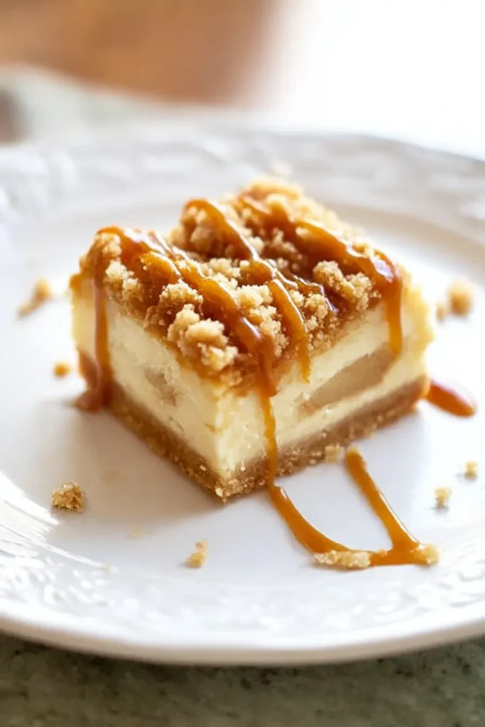 Caramel Apple Cheesecake Bars – Simple Fall Dessert Favorite 8 Caramel Apple Cheesecake Bars with caramel drizzle and streusel crumbs