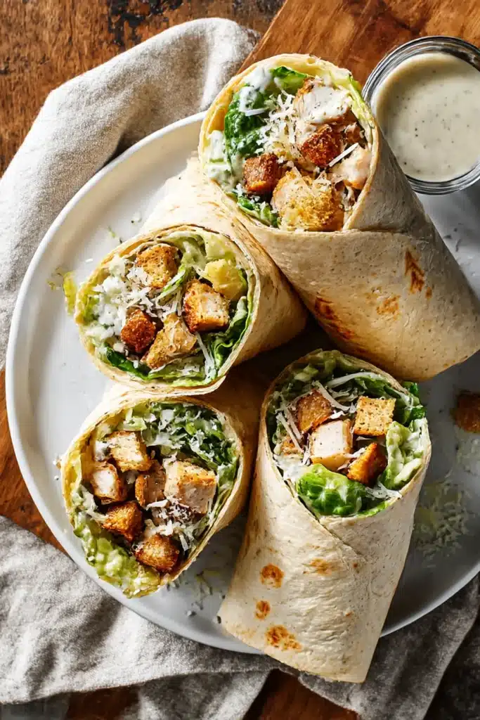 Chicken Caesar Wrap – Quick & Delicious Lunch Recipe 7 Rustic platter of sliced chicken Caesar wraps with lettuce, chicken, croutons, and dressing on parchment paper.