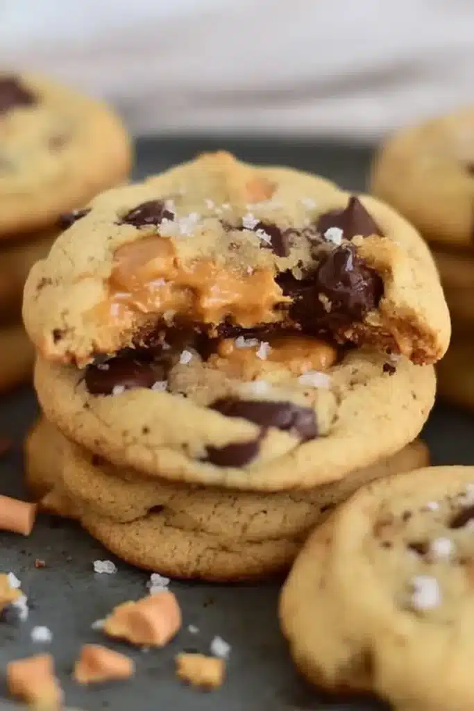 Close-up of gooey salted butterscotch chocolate chip cookies on dark surface
