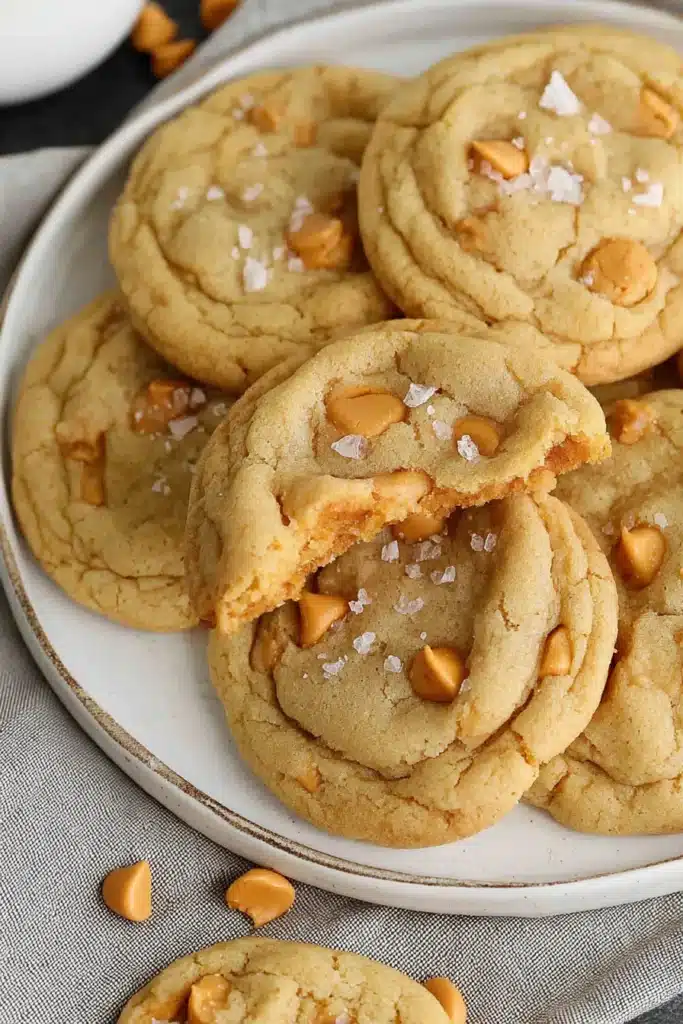 Soft salted butterscotch cookies with flaky sea salt on a white plate