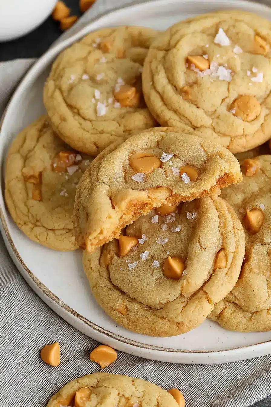 Soft salted butterscotch cookies with flaky sea salt on a white plate