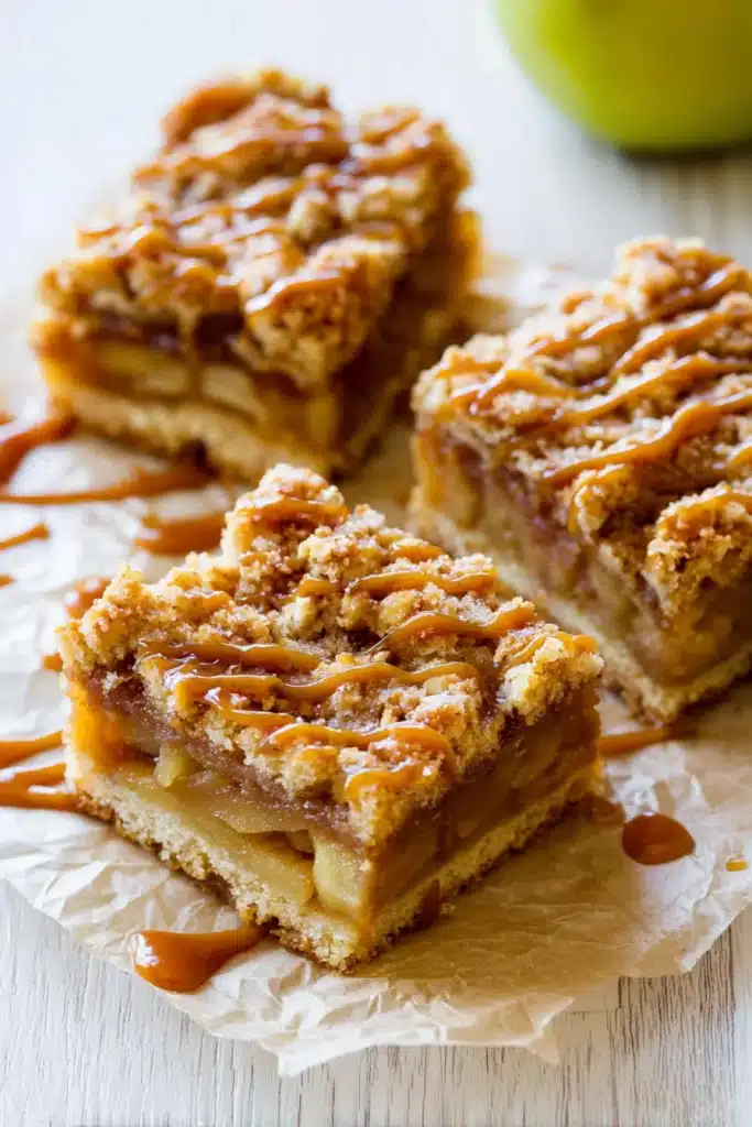 Salted Caramel Apple Bars – Cozy & Delicious Fall Favorite 9 Three salted caramel apple bars on parchment paper with caramel drizzle