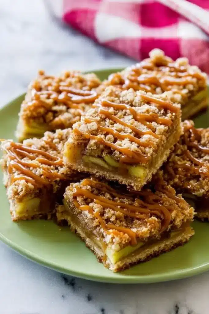 Salted caramel apple bars stacked on a green plate with oat streusel topping
