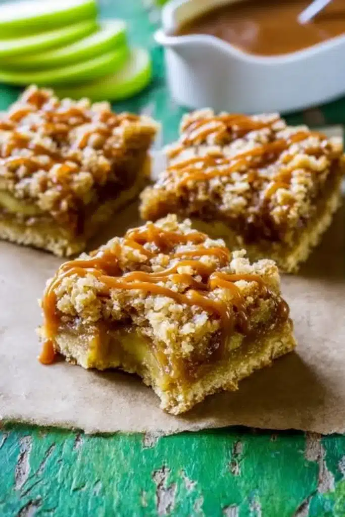 Salted Caramel Apple Bars – Cozy & Delicious Fall Favorite 8 Salted caramel apple bars with oat topping, one with a bite taken