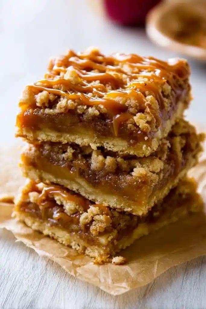 Stacked salted caramel apple bars with oat streusel and rich caramel drizzle