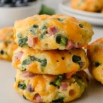 Breakfast Protein Biscuits | Easy, Hearty & Delicious 10 Stack of homemade breakfast protein biscuits with ham, cheddar, and spinach on a rustic counter