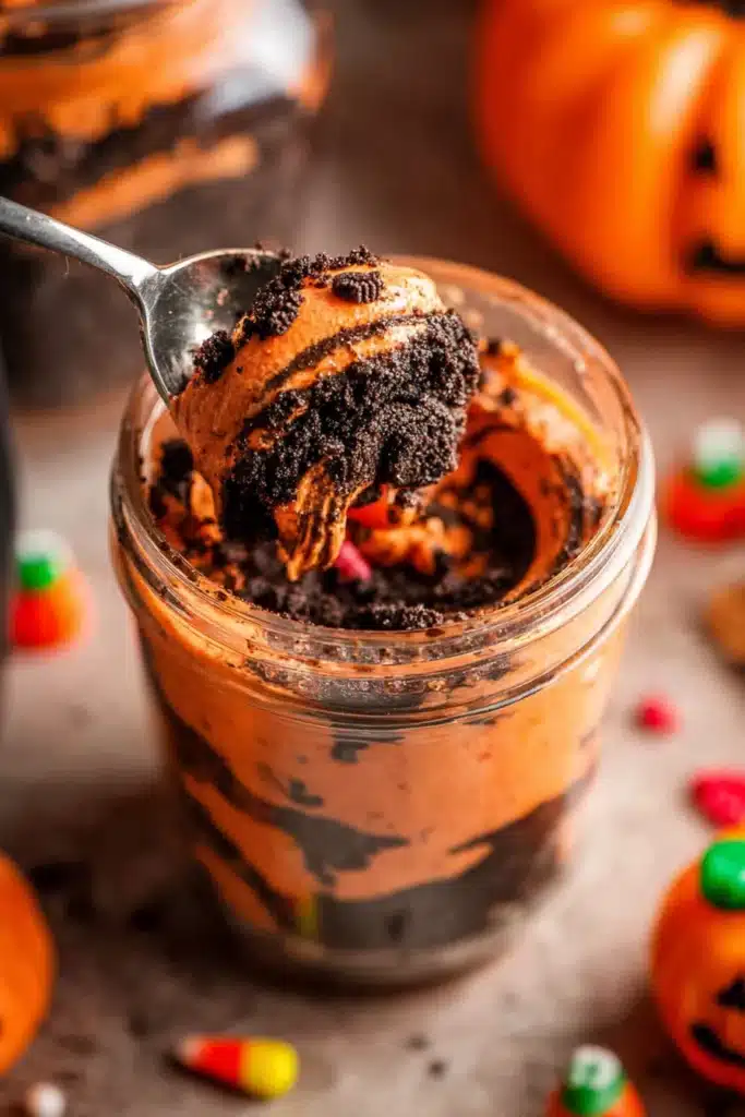 Halloween Oreo Dirt Cake – Easy & Fun Party Favorite 8 Halloween Oreo Dirt Cake with spoon scooped inside the jar