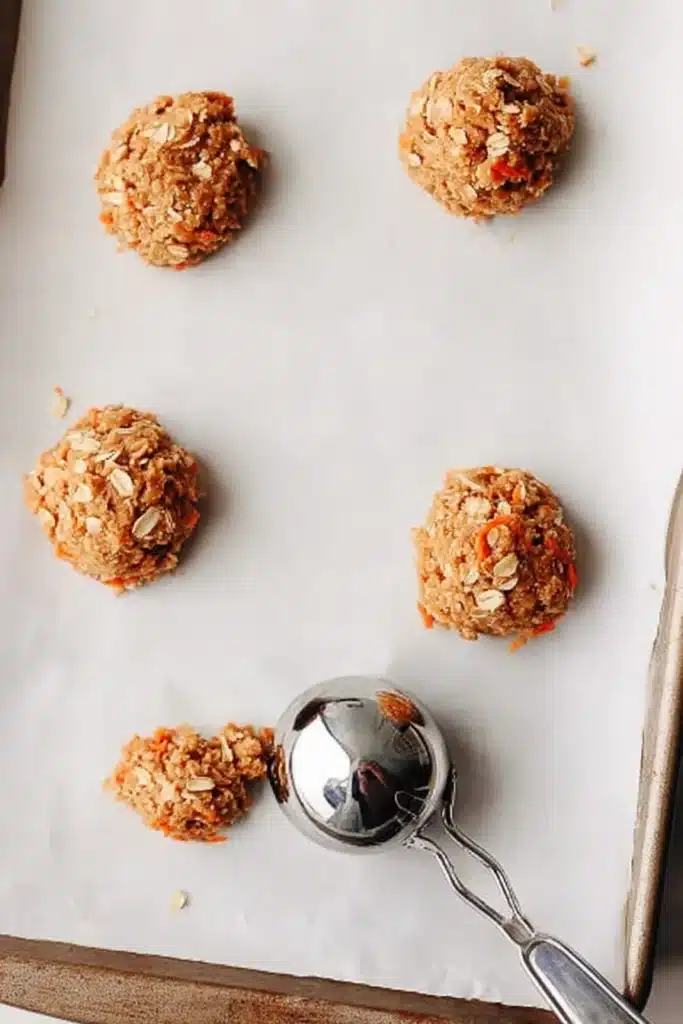 Carrot Cake Cookies: Soft, Sweet & Totally Delicious 14 Scooped carrot cake cookie dough on parchment-lined baking tray