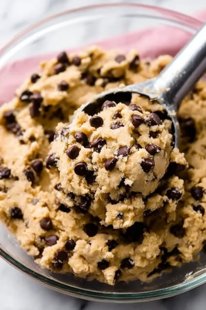 Chewy Chocolate Chip Cookies | Soft, Thick & Delicious 15 Scooping thick chocolate chip cookie dough with a metal scoop in a glass bowl