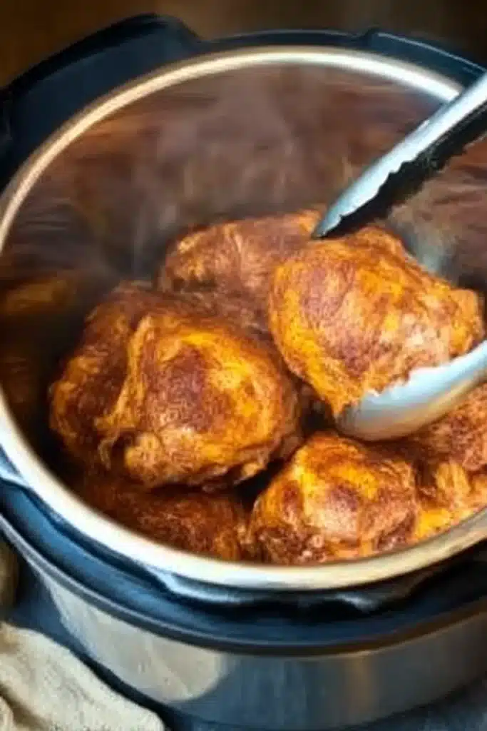 Searing chicken thighs in an Instant Pot with BBQ spices and tongs