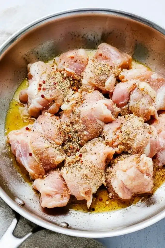 Raw creamy oven baked chicken thighs seasoned in pan before searing