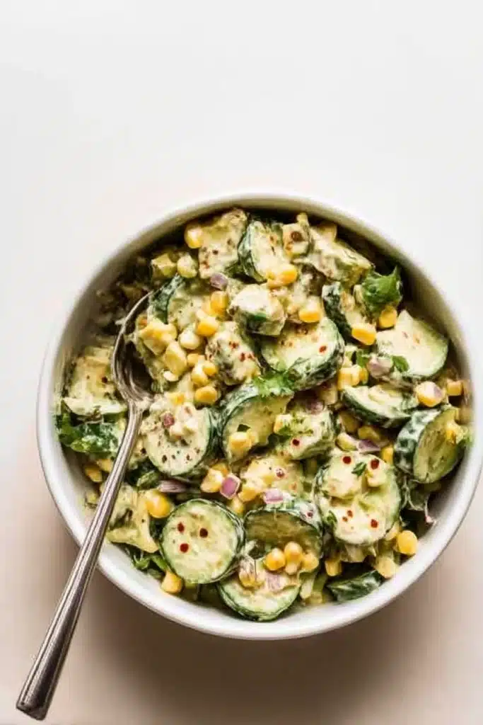 Mexican cucumber salad in a white bowl with popped yellow corn, creamy chili lime dressing, and serving spoon