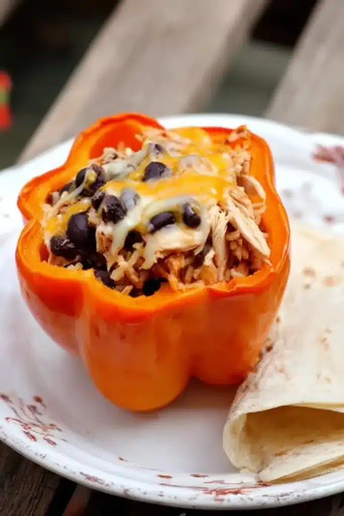 shredded chicken rice stuffed peppers halloween style served with tortilla