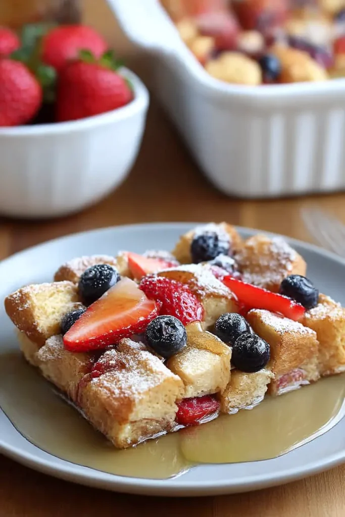 Berry French Toast Casserole | Easy & Delicious Brunch 10 Single slice of Berry French Toast Casserole on a plate with strawberries, blueberries, powdered sugar, and maple syrup