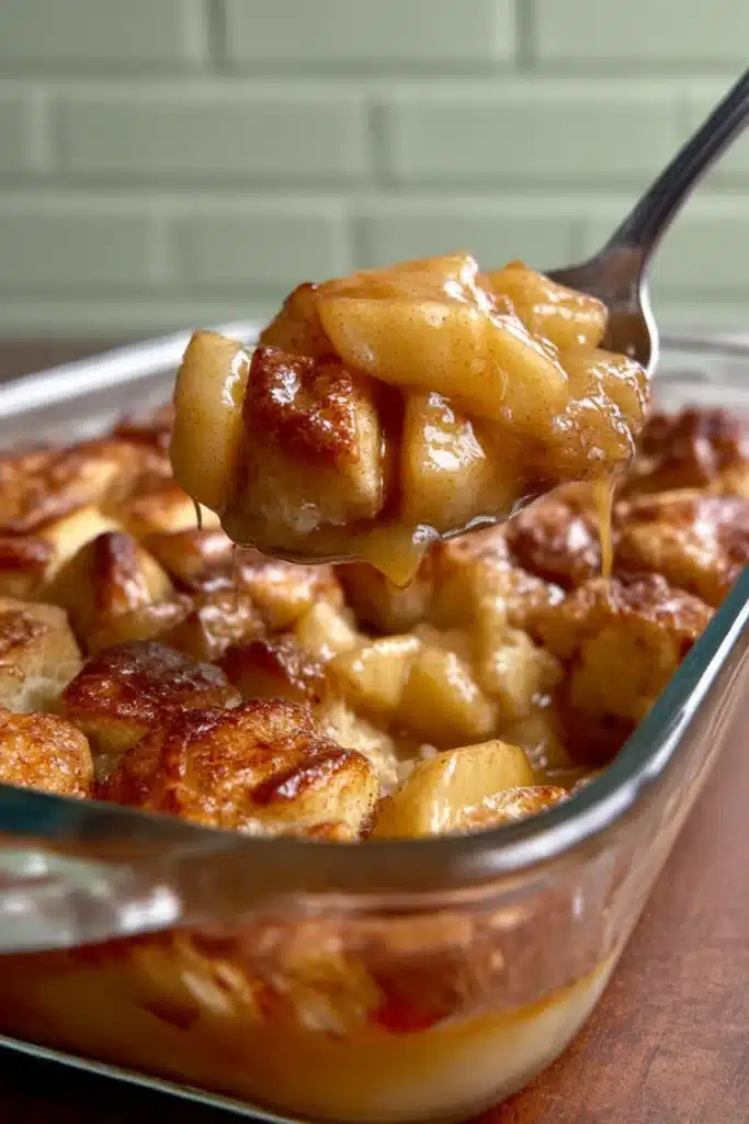 Apple Pie Bubble Up – Easy, Cozy & Delicious Dessert 8 Spoon lifting serving of baked apple pie bubble up with cinnamon rolls