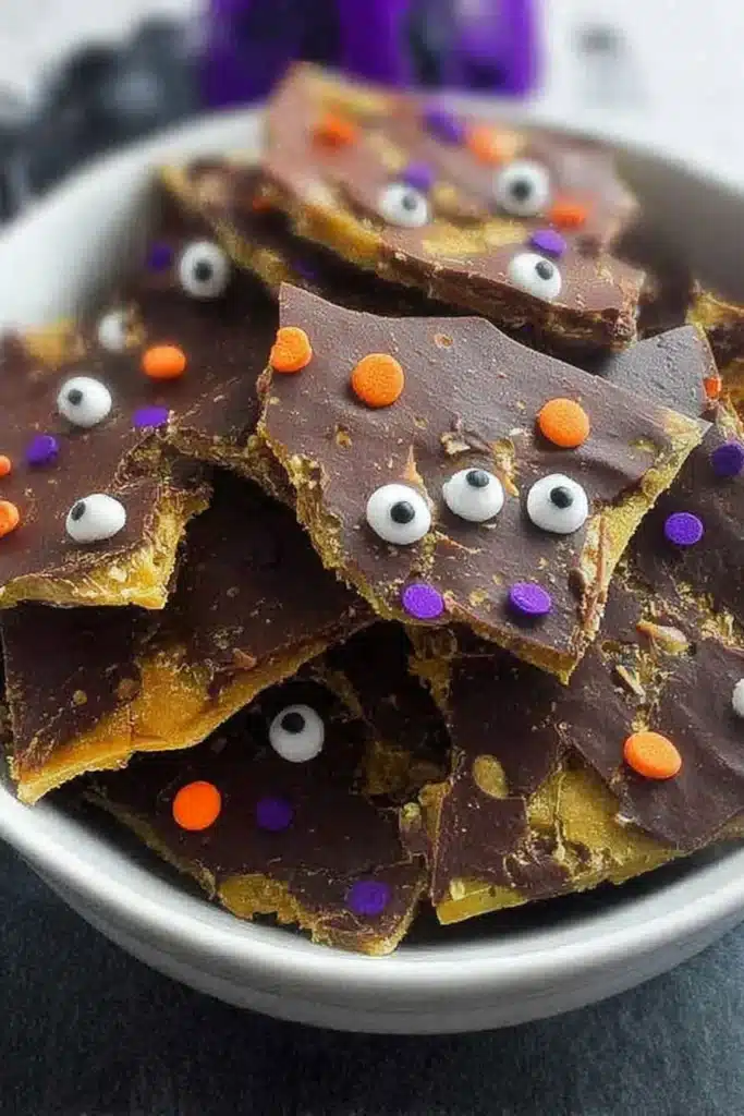 Halloween Crack | Sweet, Crunchy, and Fun to Make 13 Bowl of Halloween Crack with chocolate, candy eyes, and sprinkles