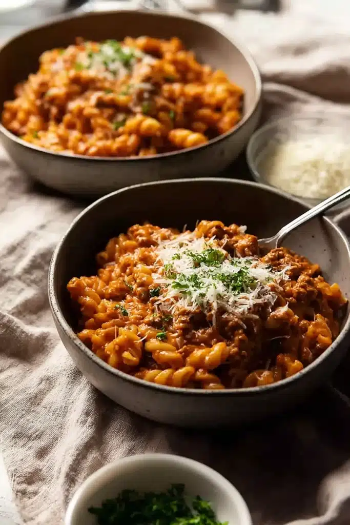Creamy Tomato Beef Pasta | Quick & Easy Comfort Meal 11 Two bowls of creamy tomato beef pasta topped with cheese and parsley