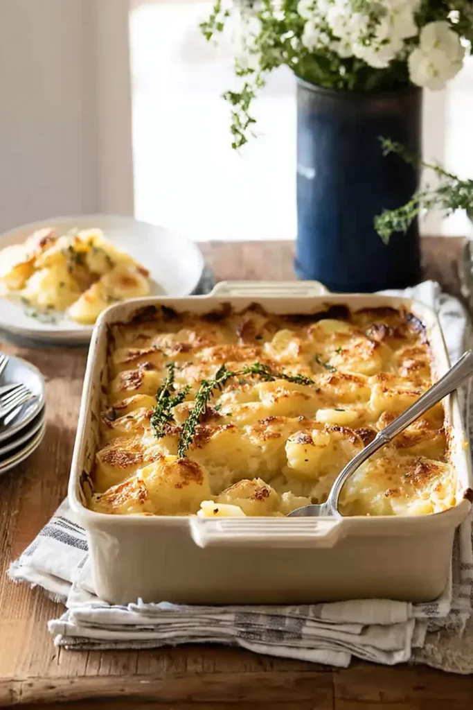 Easy Creamy Cheesy Potato Bake | Ultimate Comfort Food 12 Easy creamy cheesy potato bake served from dish with golden top and thyme
