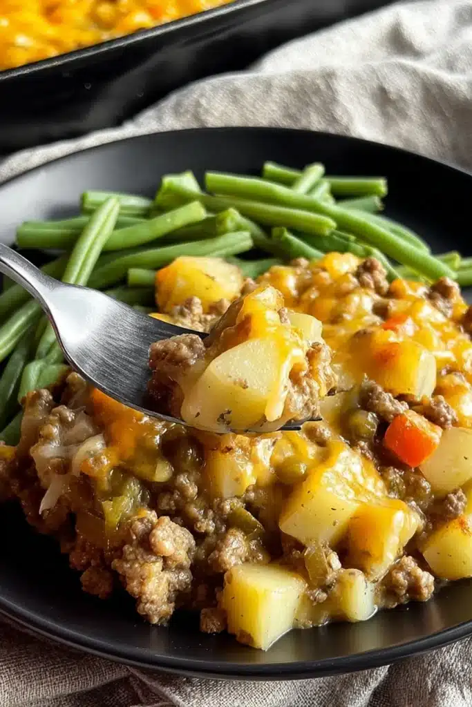 Plate of cheesy ground beef and potato casserole with green beans and a lifted fork